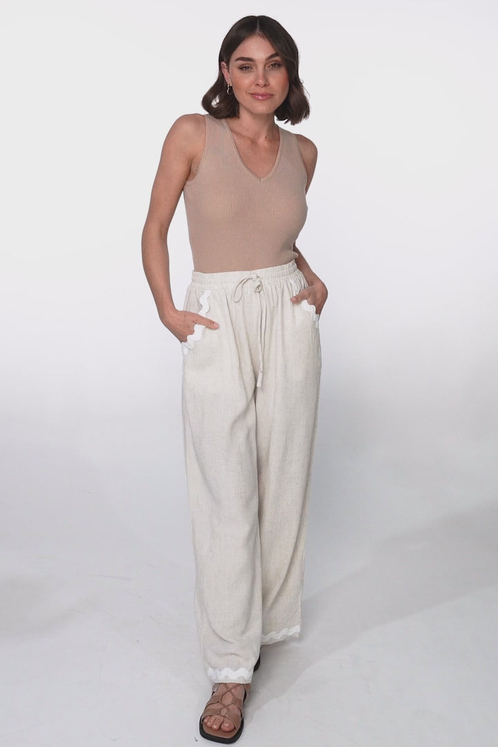 Bailie Linen Pants - Rick Rack Detailed Straight Leg Pants in Oat