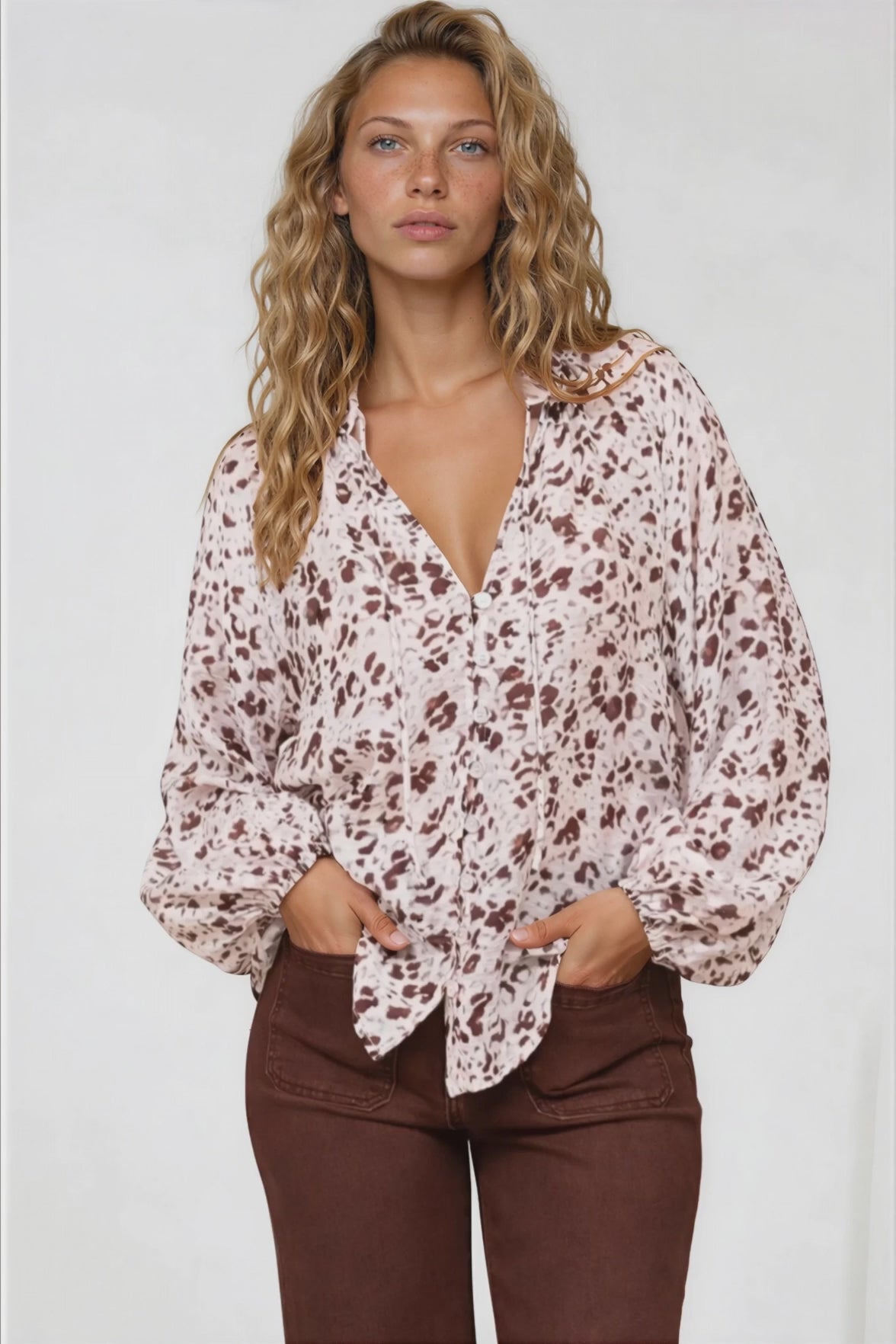 Bedella Top - Mandarin Collar Long Sleeve Button Front Blouse in Sima Print