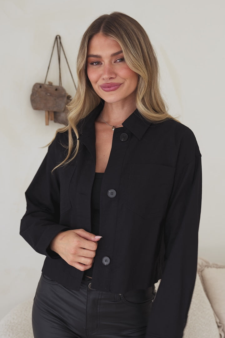 Elma Jacket - Wing Collar Button Down Cropped Jacket in Black