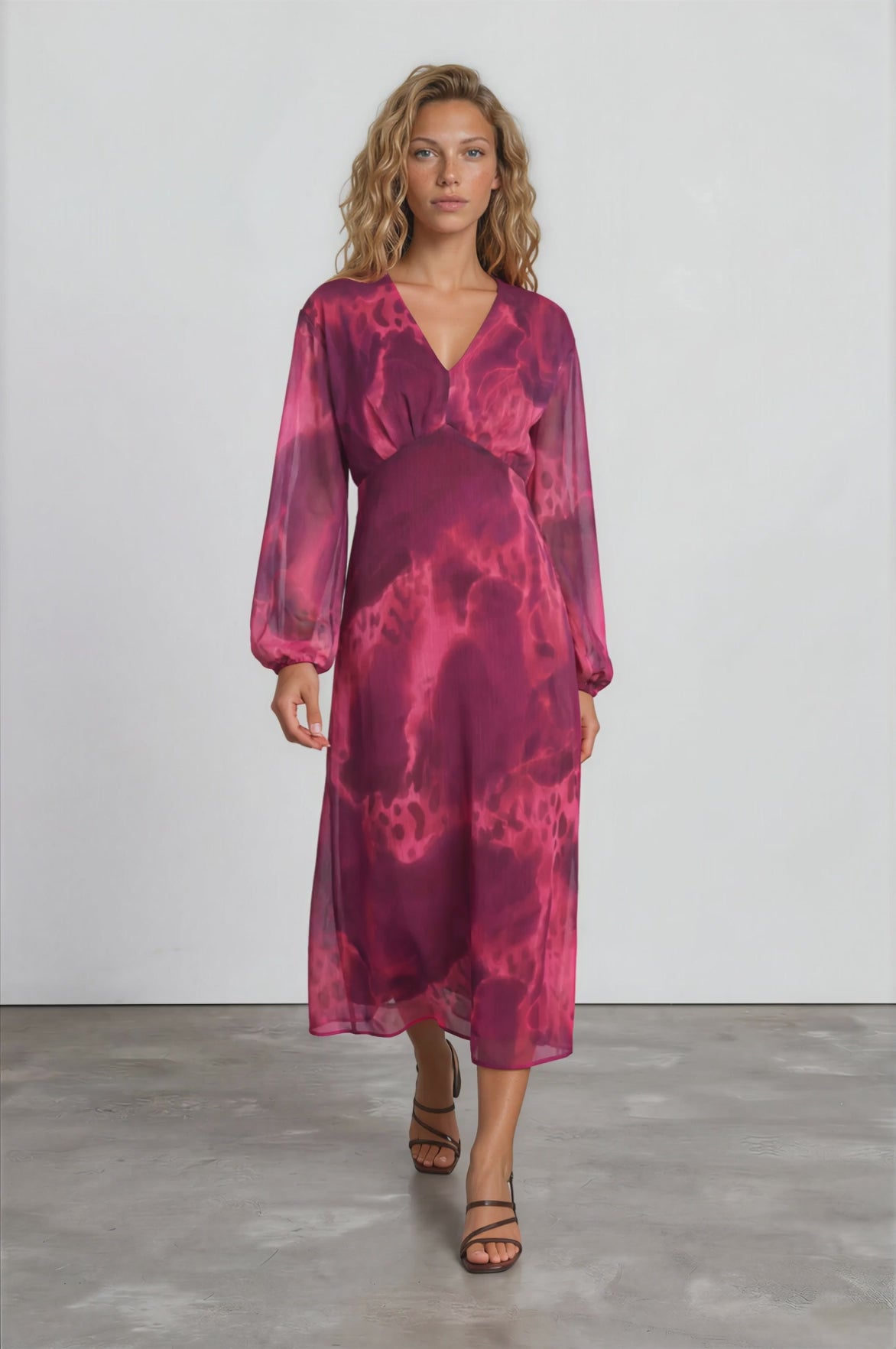 Hadassah Maxi Dress in  - V Neckline Dress with Long Balloon Sleeves Victorian Mauve Print
