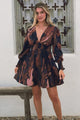 Celita Mini Dress - Deep V-Neck Dress with Flowing Skirt in Chelsea Print Brown