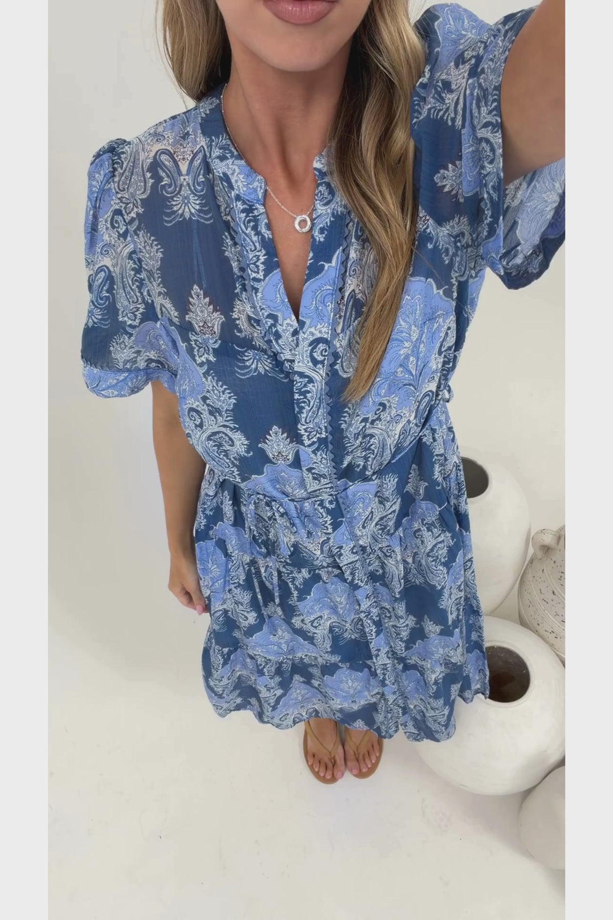 Malva Midi Dress - Split Collar Wavy Trim Detailed Shirt Dress with Waist Tie in Paiselle Print