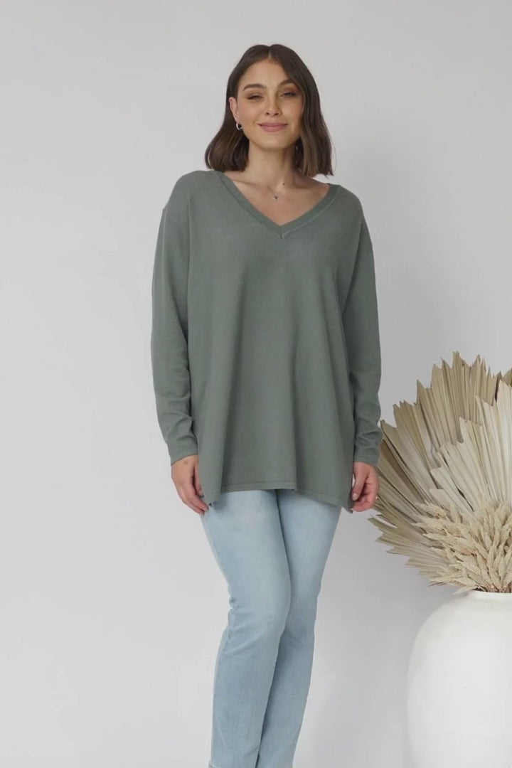 Mayanna Jumper - Light Weight V Neck Knit Jumper with Side Splits in Sage Green