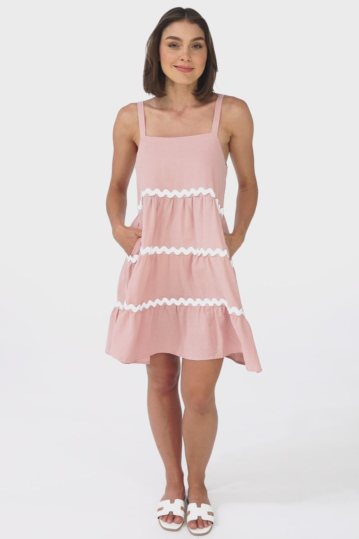 Fabie Mini Dress - Thick Strap Rick Rack Splicing Cotton Sun Dress in Blush