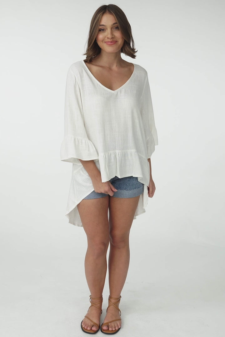 Kiany Top - Floaty Smock with Ruffle High Low Hemline in White