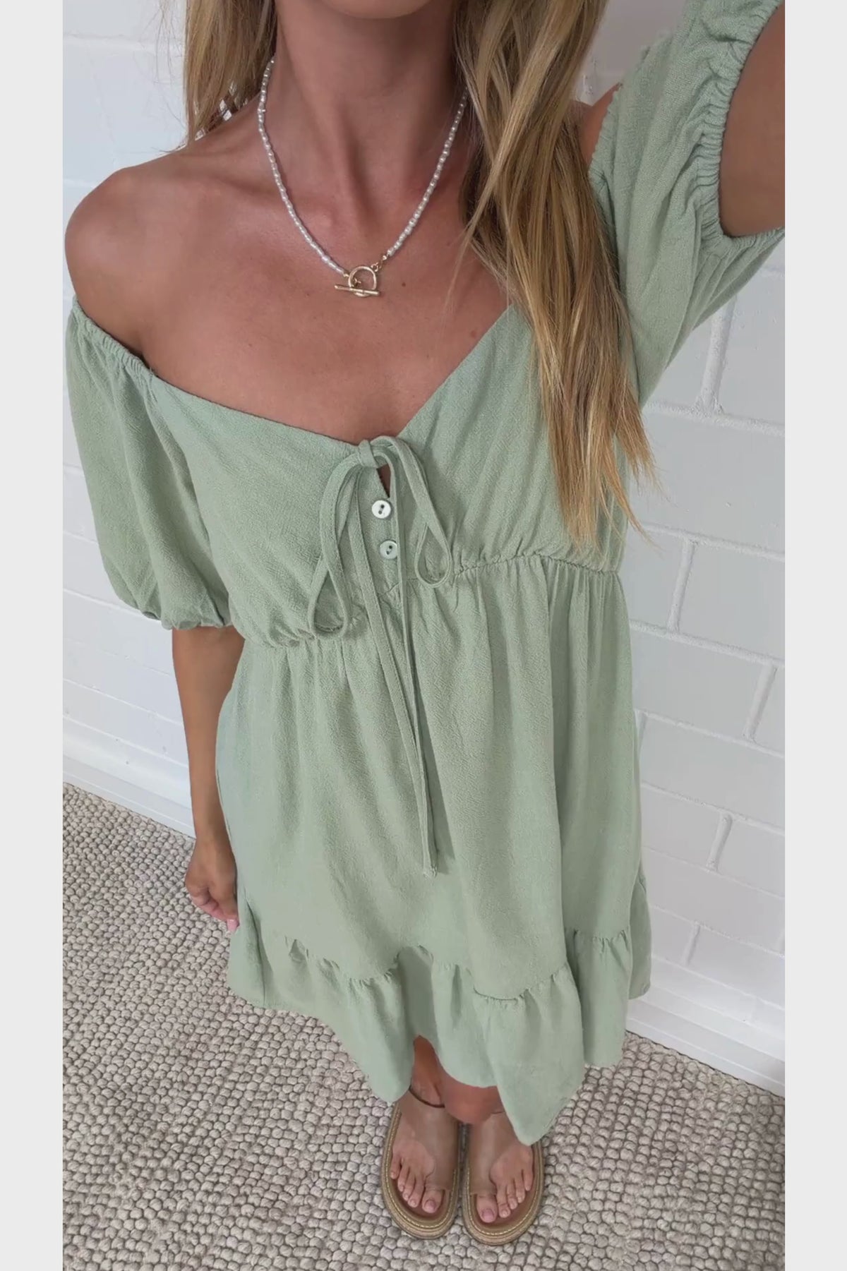 Michi Mini Dress - Sweetheart Neckline Mini with Tie Detail and Puff Sleeves in Sage