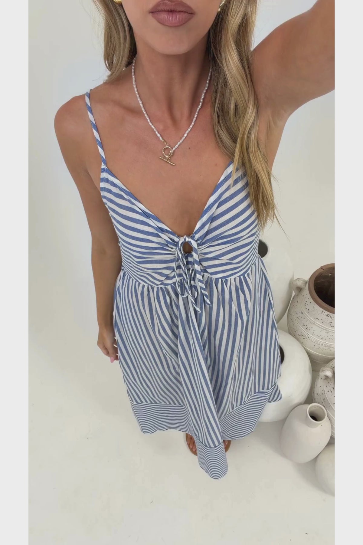 Miller Midi Dress - Tie Front V Neck Embroidered Dress with Pockets in Blue Stripe