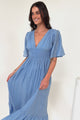 Glades Maxi Dress - V Neck Shirred Waist A Line Dress in Blue