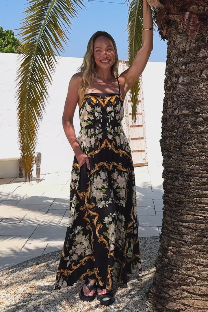 Radley Maxi Dress - Empire Line Sun Dress with Adjustable Straps in Evana Print Black