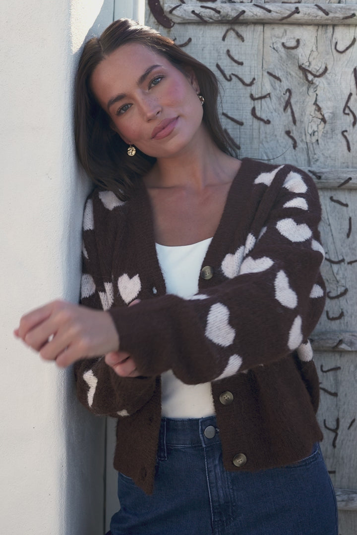 Allaria Cardigan - V-Neck Button Front Heart Motif Knit in Coffee