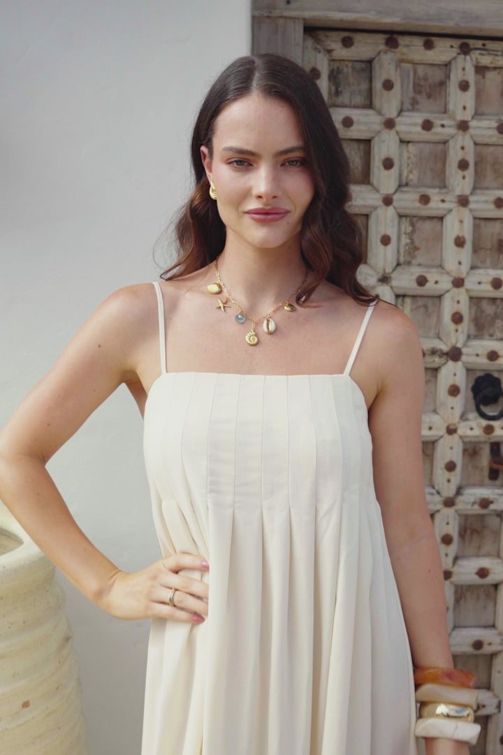 Hepburn Midi Dress - Adjustable Strap Pleated Bodice Sun Dress in Cream