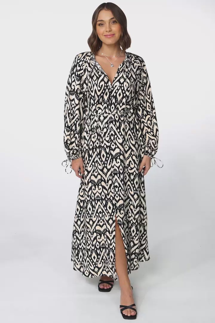 Amelie Maxi Dress - Frill Collar Button Through Dress with Waist Tie in Dayah Print