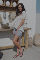 Ellery Top - Mandarin Collar Smock Top with Ladder Lace Insert Splicing in White