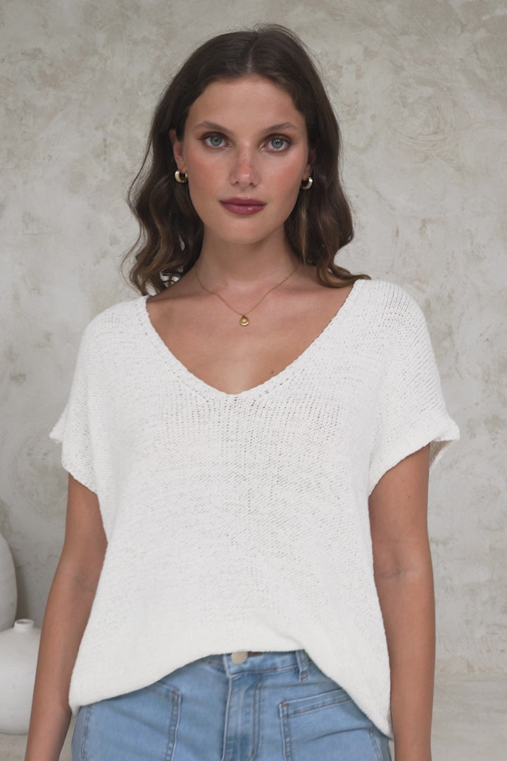 Millicent Knit Top - Relaxed V-Neck Top with Ribbed Hemline in White