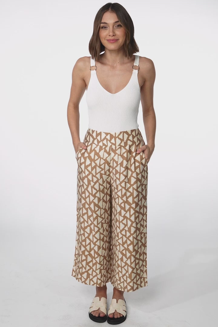 Colbie Pants - Crop Wide Leg Pants with Pockets in Aria Print Tan