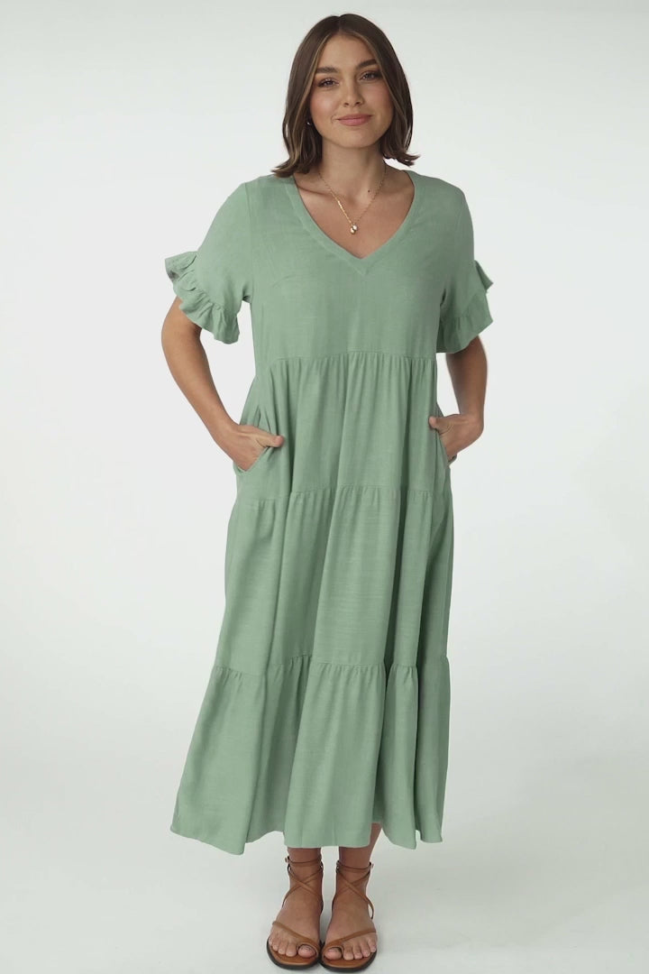 Audrina Midi Dress - Pull Over V Neck Tiered Dress with Pockets in Sage