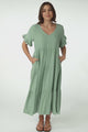 Audrina Midi Dress - Pull Over V Neck Tiered Dress with Pockets in Sage