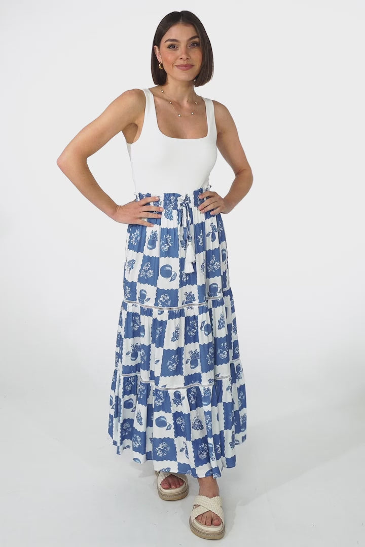 Billy Maxi Skirt - Tiered Crochet Insert Skirt in Flux Print Blue