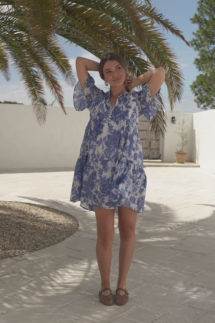 Model wearing Abilia Mini Dress in Izaria Print Blue from Salty Crush