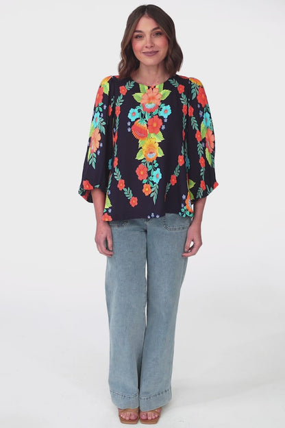 Celle Blouse - Pull Over Top with Long Balloon Sleeves in Octavia Print Navy