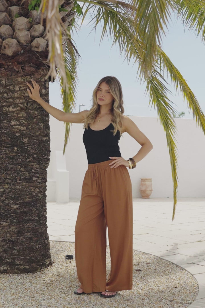Leslie Linen Pants - Linen Elasticated Waist Straight Leg Pants in Terracotta