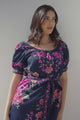 Betina Mini Dress - Scallop Trim Neckline Dress with Waist Tie in Nery Print Navy