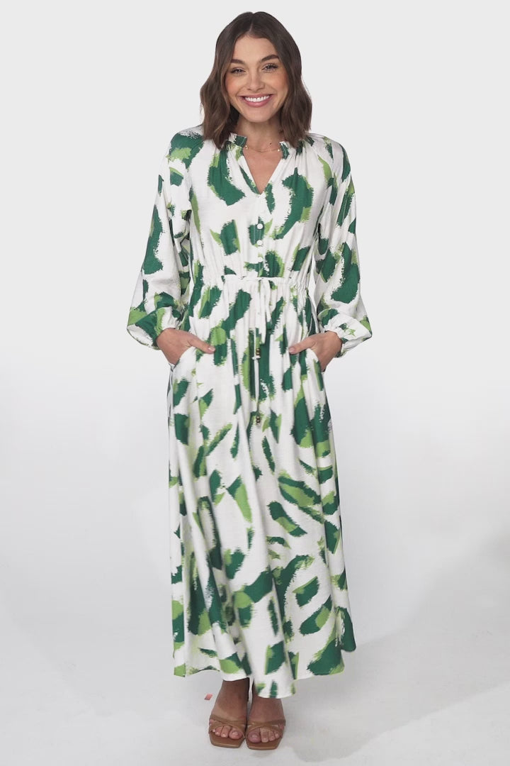 Halle Maxi Dress - Frill Mandarin Collar A Line Dress in Romy Print Green