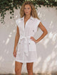 Jackson Mini Dress - Wing Collar Button Down Shirt Dress with Pockets and Belt in White
