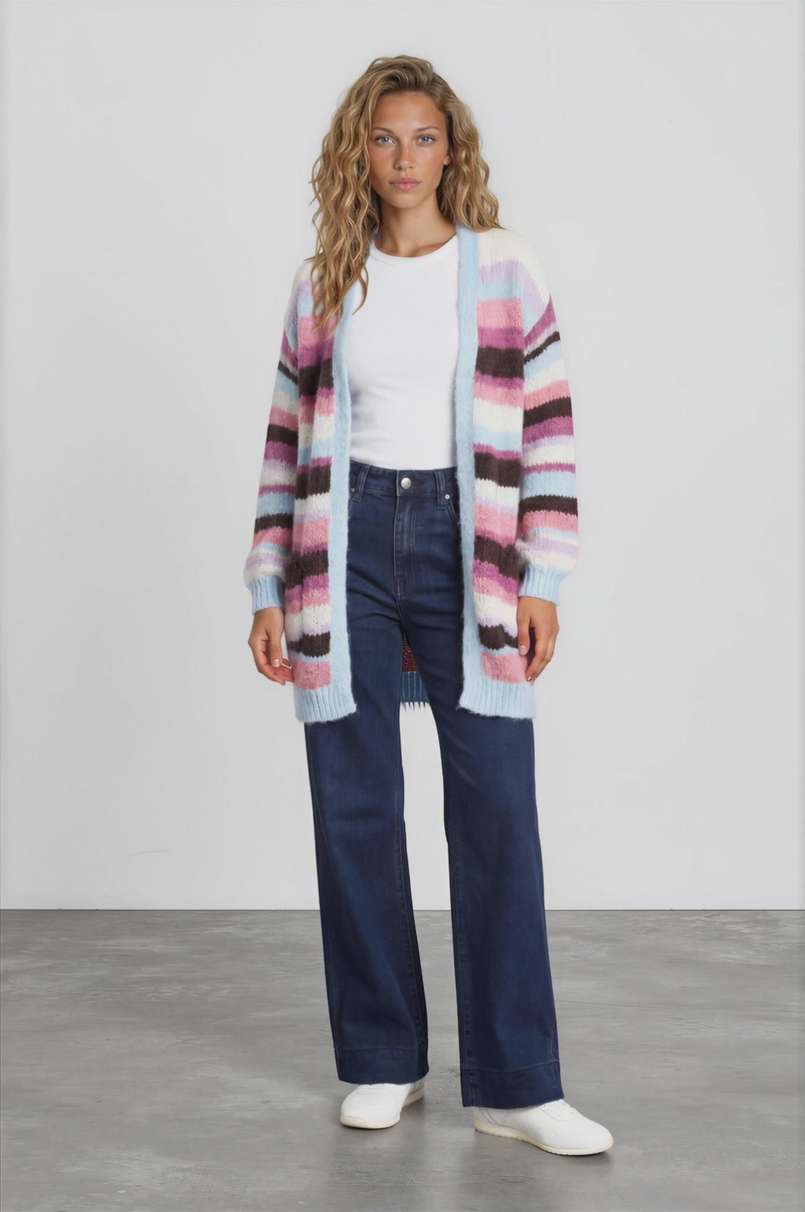 Iggy Cardigan - Open Front Stripe Knit with Pockets in Blue/Purple