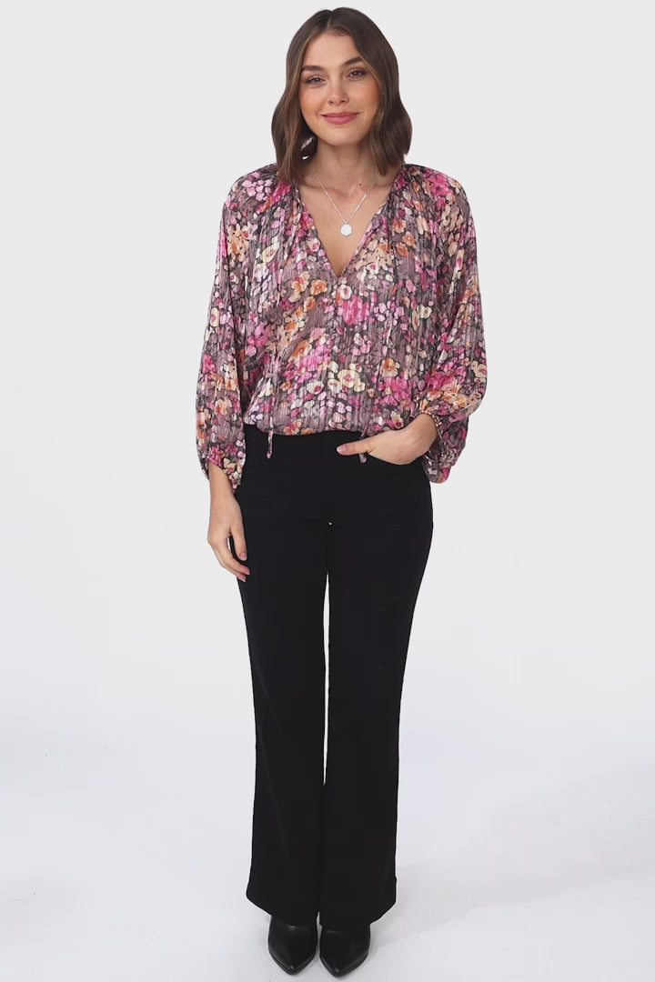 Marietta Top - Pull Over Plisse Blouse with Gold Tinsel Threading in Leya Print