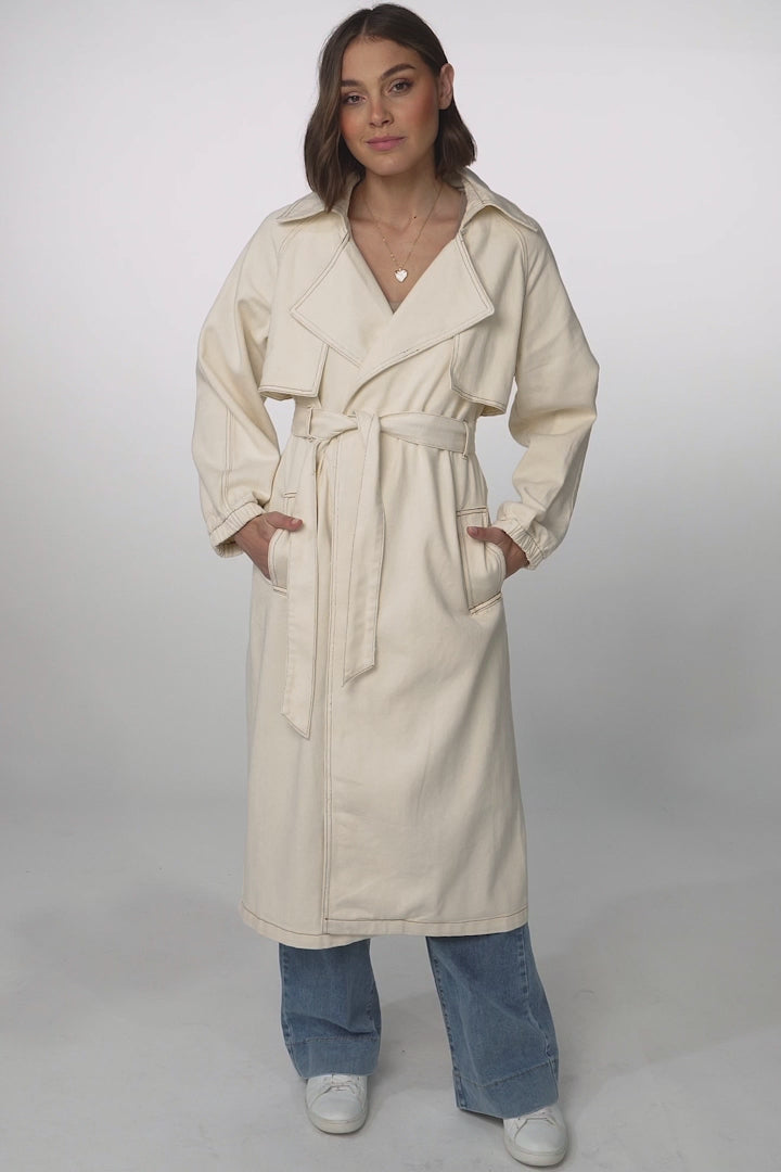 Blaze Denim Coat - Balloon Sleeve Wrap Trench Coat in Ecru