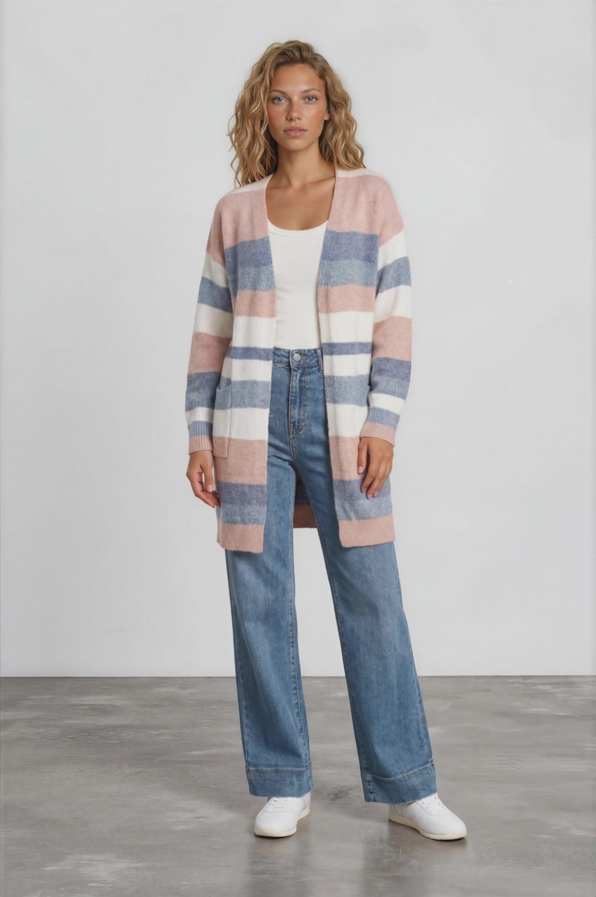 Alfie Cardigan - Open Stripe Knit with Pockets and Rib Knit Trim in Pink/Blue
