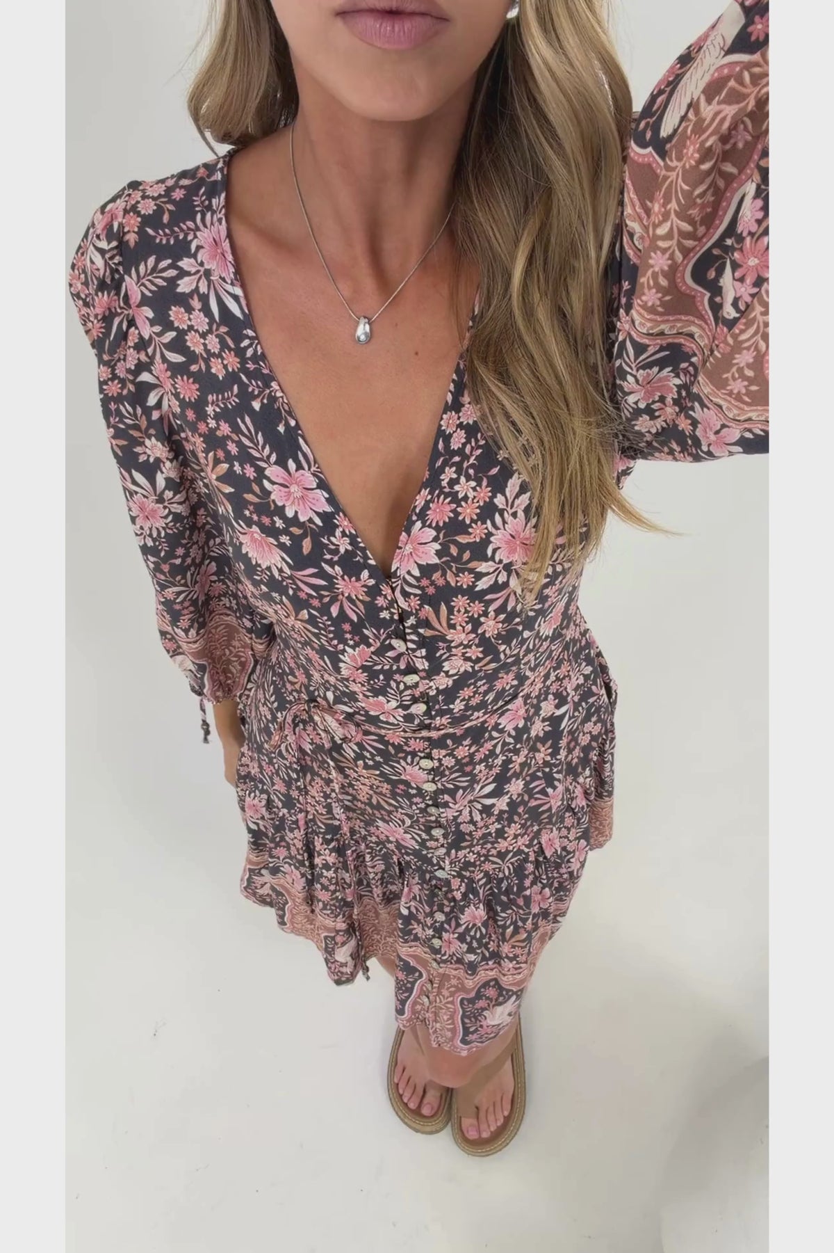 Luna Mini Dress - Deep V-Neck Button Down with 3/4 Sleeves in Feyth Print