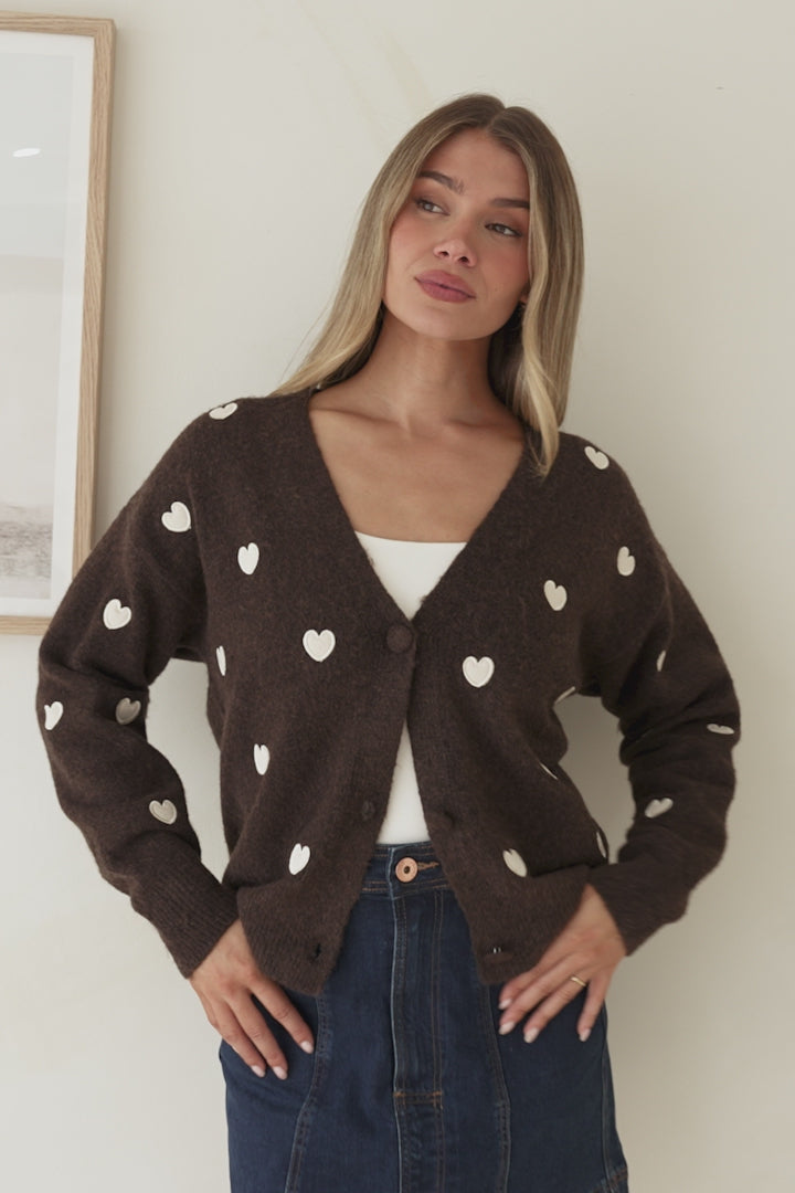 Hartley Cardigan - V Neck Button Front Heart Embroidered Knit with Matching Fabric Buttons in Coffee
