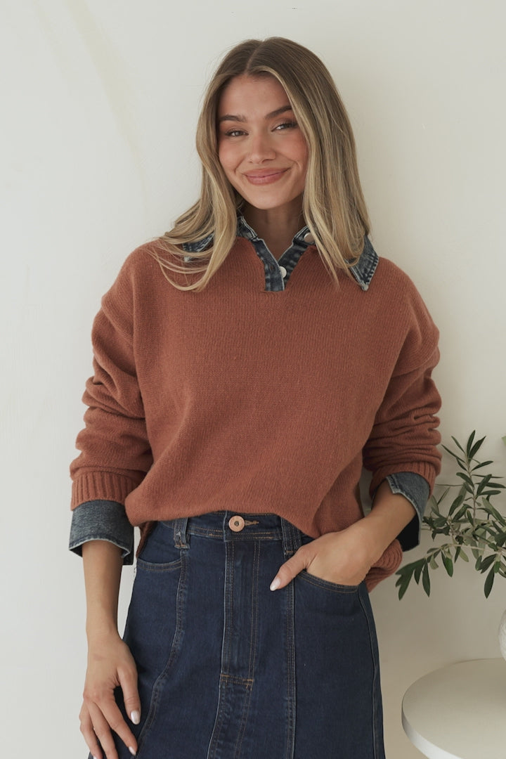 Maddie Jumper - Denim Wing Collar and Cuff Knit Pullover in Tan