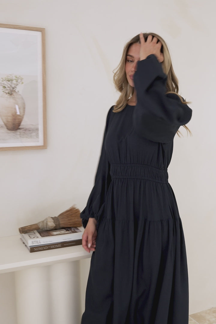 Sheyne Maxi Dress - Long Balloon Sleeve Elasicated Waist A Line Dress in Navy