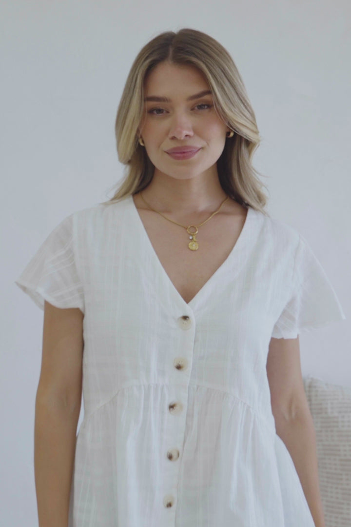 Mitzy Top - Textured Button Down Top with Cap Sleeves in White