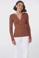 Emilia Knit Top - Gold Button Neckline Ribbed Top in Guava