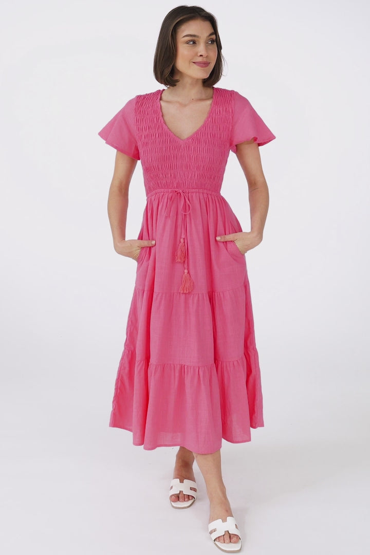 Alyse Midi Dress - Shirred Bodice Cap Sleeve Dress with Pull Tie Waist in Pink