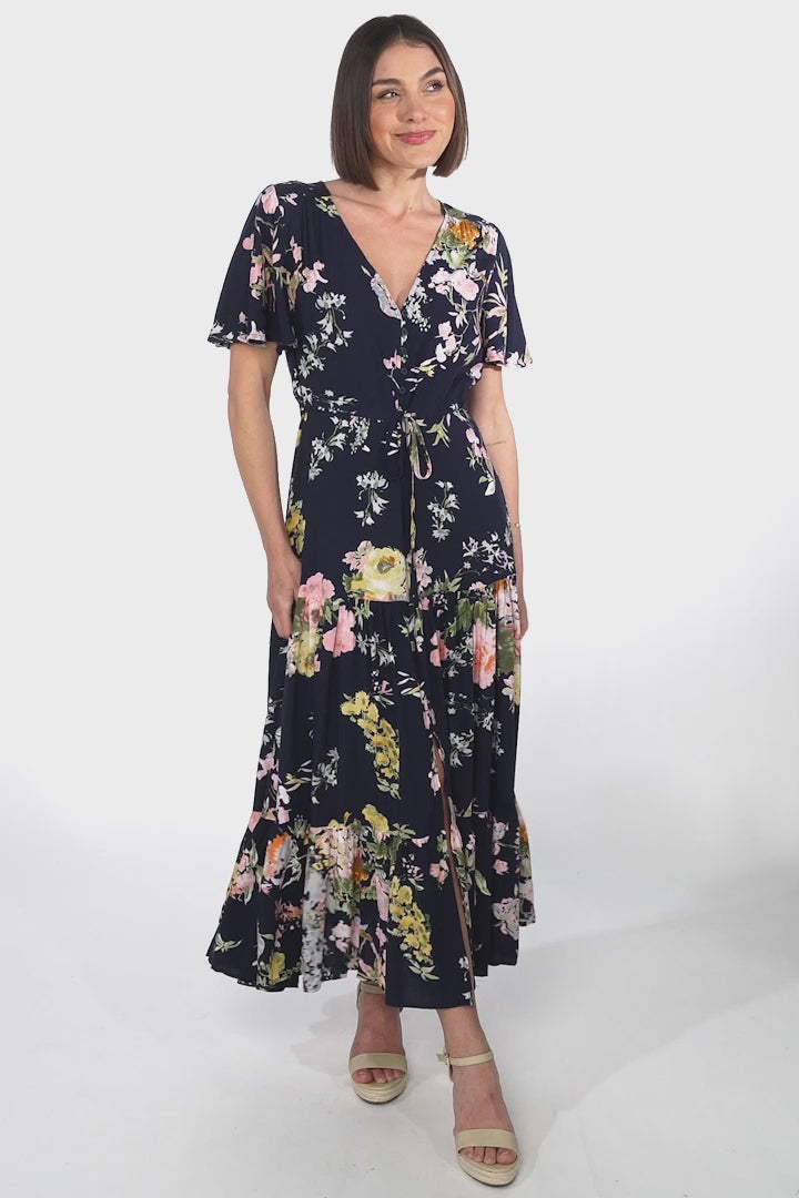 Anya Maxi Dress - Flutter Cap Sleeve Pull Tie Waist Dress in Lidye Print