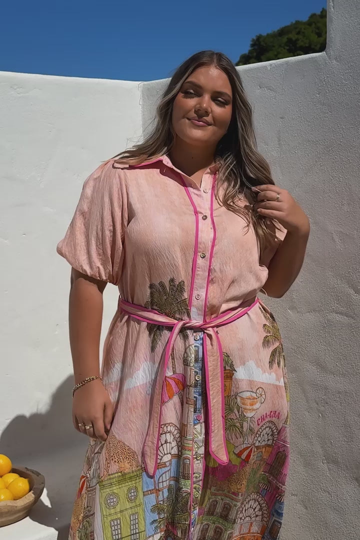 Ruva Midi Dress - Collared Shirt Dress with Short Balloon Sleeves in Tullia Print