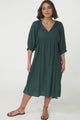 Mariah Midi Dress - V Neck Smock Dress With Batwing Sleeves In Emerald