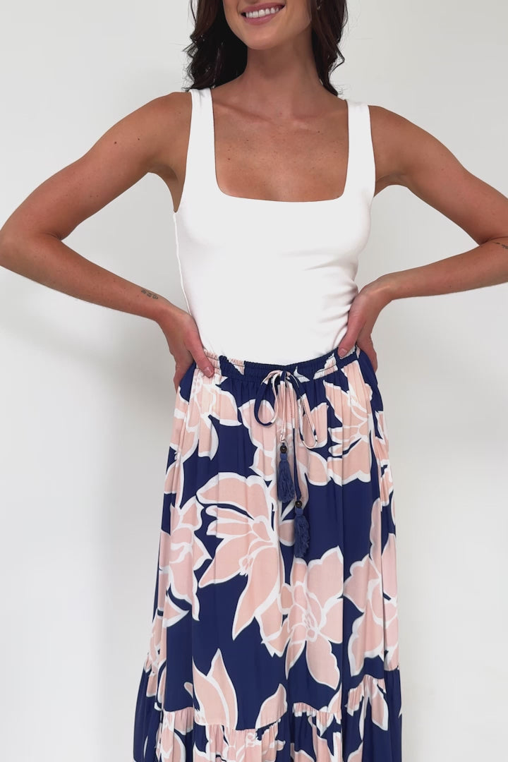 Hellen Maxi Skirt - High Waisted Skirt with Front Splits in Jetson Print Navy