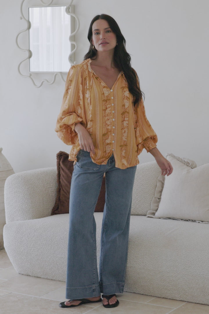 Moree Blouse - Frill Collar Neck Tie Button Down Shirt in Totema Print