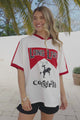 Long Live Cowgirls Tee - Graphic Print Short Sleeve T-Shirt with Racer Stripe Sleeves in White