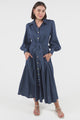 August Midi Dress - Collared Shirt Balloon Sleeve Dress with Waist Tie in Navy