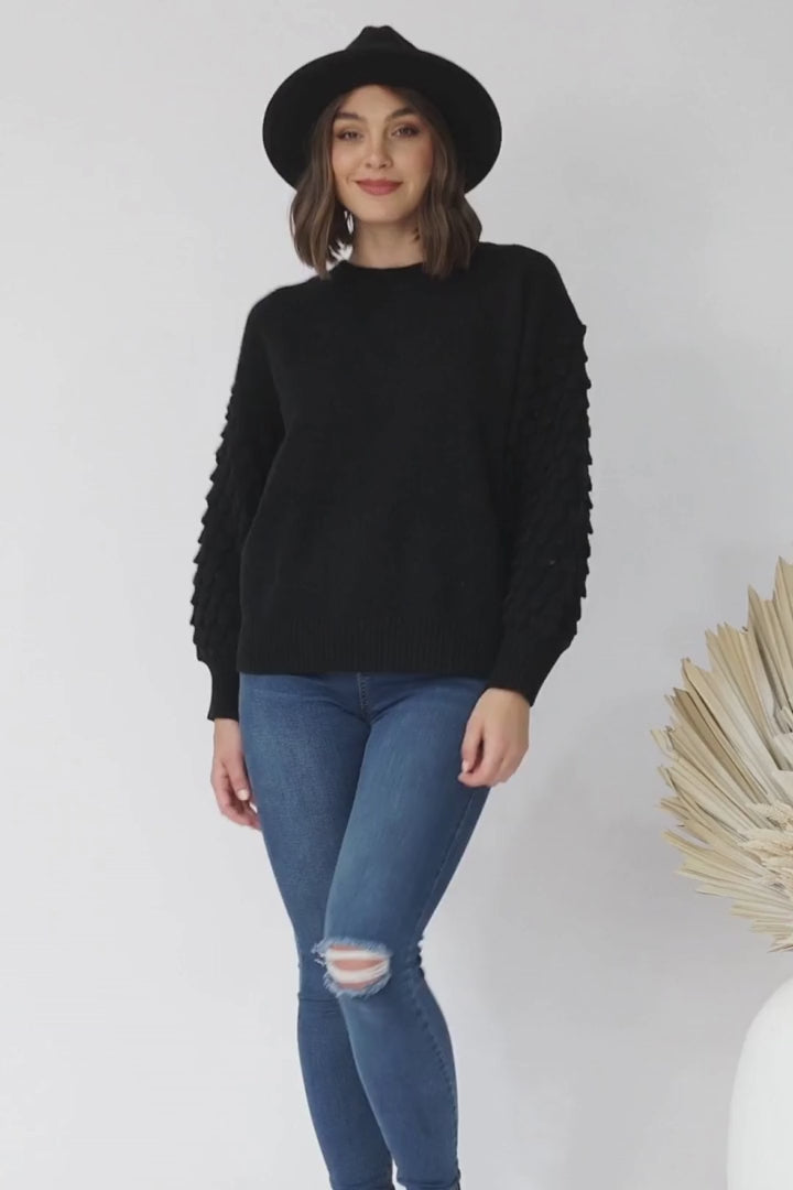 Amanda Jumper - Crew Neck with Mermaid Scale Balloon Sleeve Knit in Black