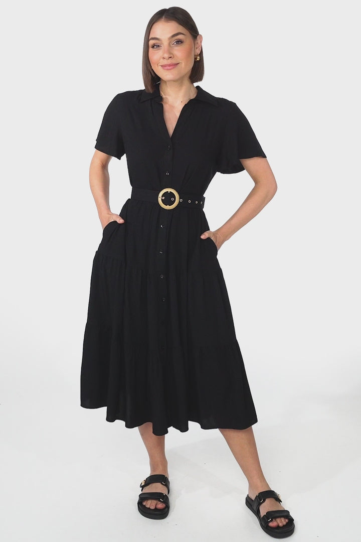 Belle Midi Dress - Button Down Collared Dress With Statement Belt In Black