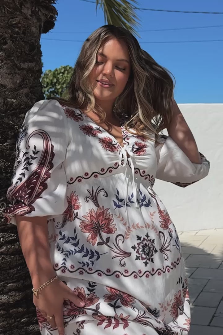 Thanya Midi Dress - V-Neck with Tie Balloon Sleeve Tiered Dress in Magah Print
