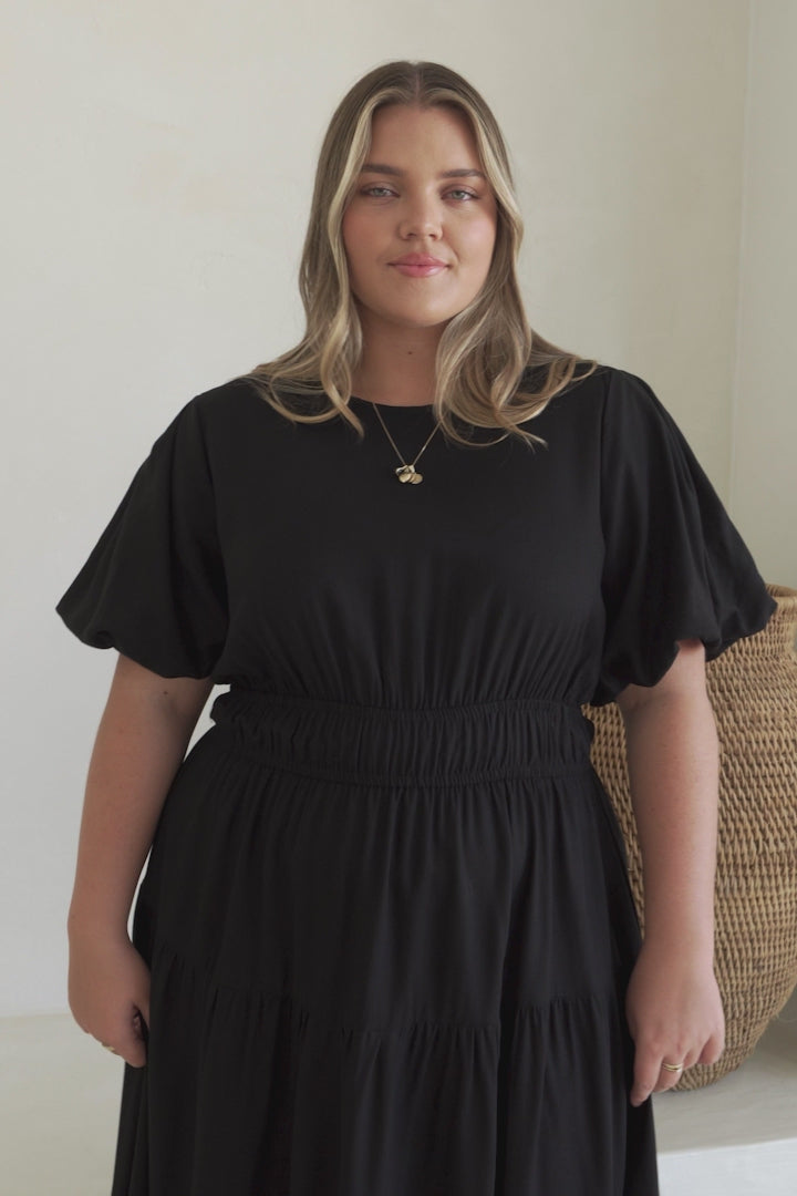 Maeana Maxi Dress - Short Balloon Sleeeve Elasticated Waist A Line Dress in Black